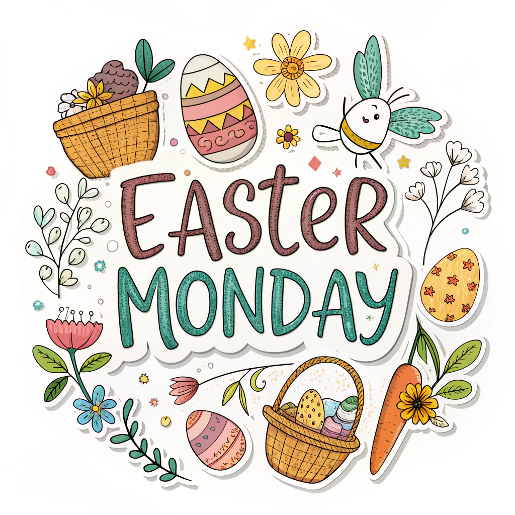 A sticker design incorporating the text 'Easter Monday' in a playful, bouncy font, surrounded by hand-drawn illustrations of Easter-themed objects like baskets, flowers, and carrots.