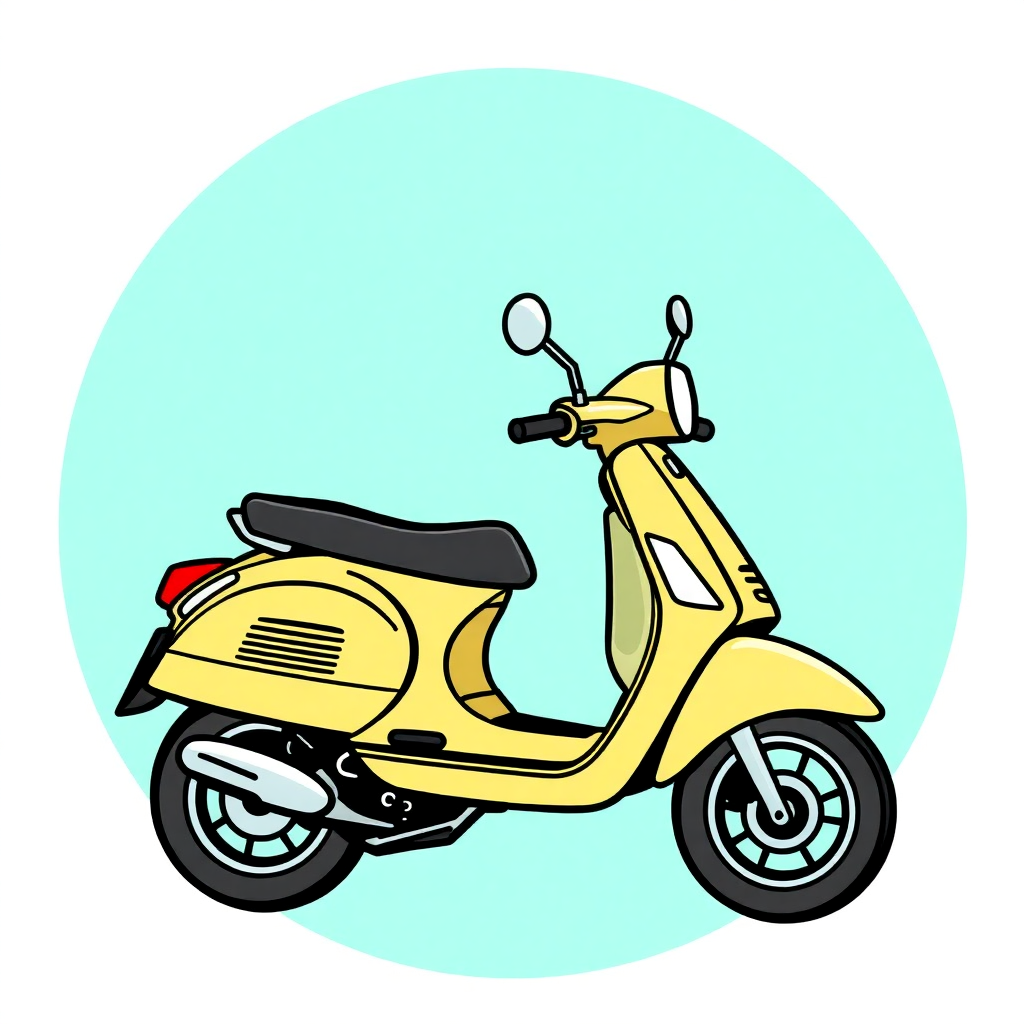 The image is a digital illustration of a yellow scooter. The scooter has a black seat and a red tail light. It has two round mirrors on the front and two smaller mirrors on either side of the handlebars. The wheels are black with silver rims. The background is a light blue circle. The overall style of the illustration is simple and cartoon-like.