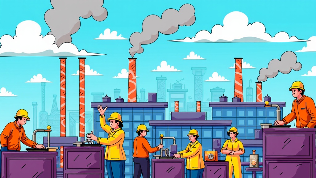  a group of six workers in a factory setting. They are all wearing yellow hard hats and orange overalls. The workers are standing in front of a large factory with multiple chimneys and smoke coming out of them. The sky is blue with white clouds and there are buildings in the background. The factory appears to be a power plant or industrial complex with multiple towers and chimneys. There are also several machines and equipment scattered around the factory. The overall mood of the image is one of teamwork and hard work.