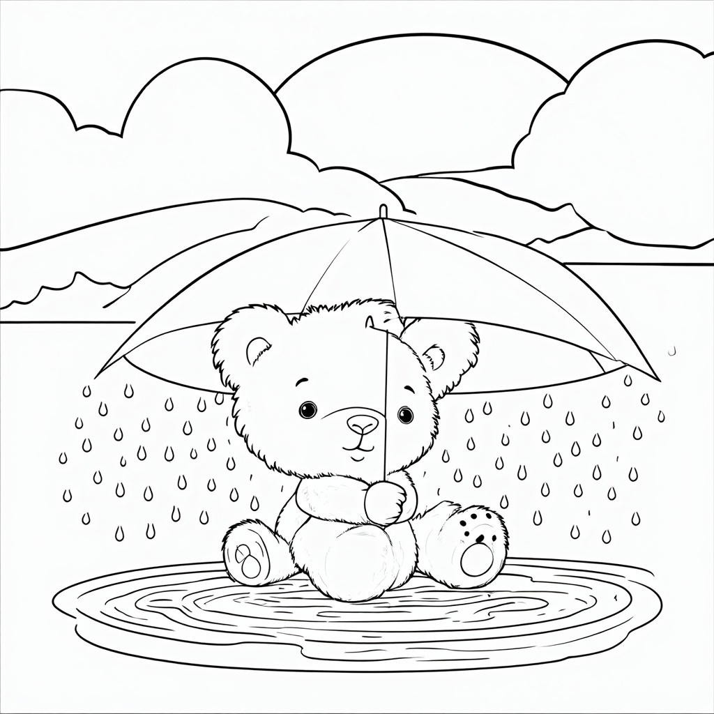 A bear under an umbrella in a rainy scene, with puddles reflecting the cloudy sky.