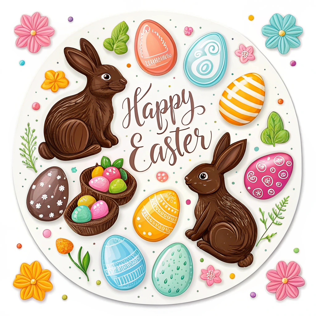 Illustrate a sticker with Easter-themed treats like chocolate bunnies and candy, symbolizing the sweet continuation of Easter celebrations on Easter Monday.