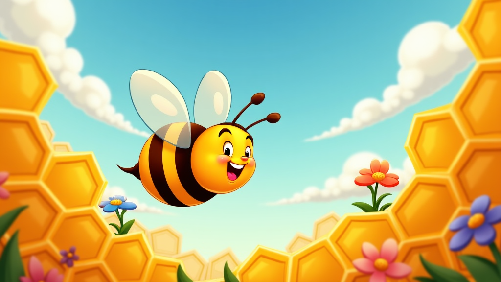 A playful cartoon bee buzzing around a honeycomb, showing off its cute, tiny stinger and round, fuzzy body.