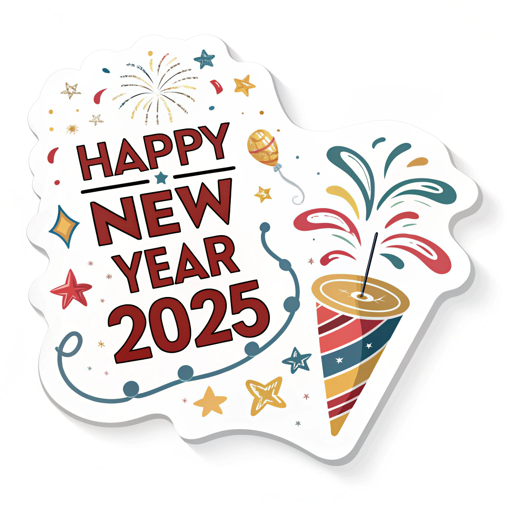 The image shows a poster with the words Happy New Year 2025 written in bold, colorful letters, accompanied by a festive illustration of fireworks and a cupcake, creating a cheerful and celebratory atmosphere.