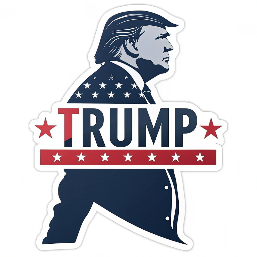 A sticker showing a silhouette of Trump with a quote superimposed on it, using bold typography.