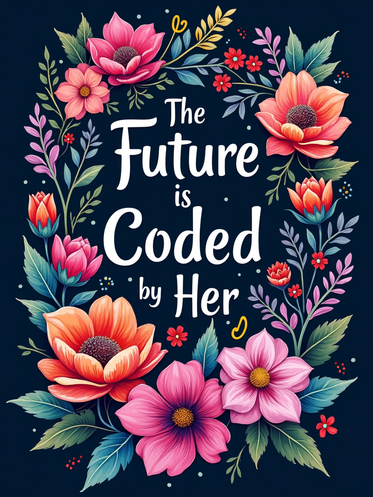 Artistic blend of floral elements and coding symbols (e.g., {} , ; , <>), with an inspiring quote like 'The Future is Coded by Her'.