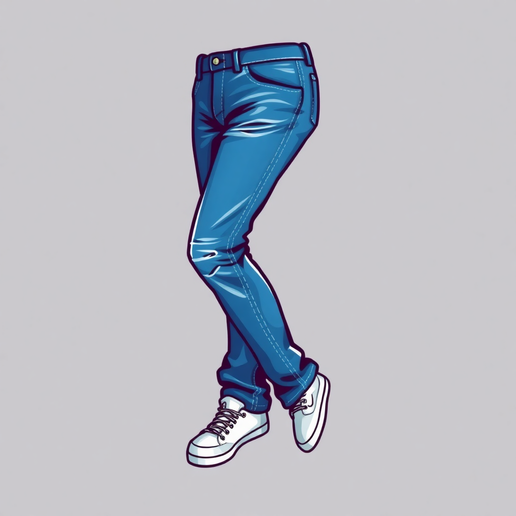  a pair of blue jeans and white sneakers. The jeans are a light blue color and appear to be made of a stretchy fabric. The person is standing with their legs slightly apart and their feet slightly apart. The sneakers are white with black laces and have a chunky sole. The background is a plain grey color. The image is a digital illustration of the person's legs and feet.