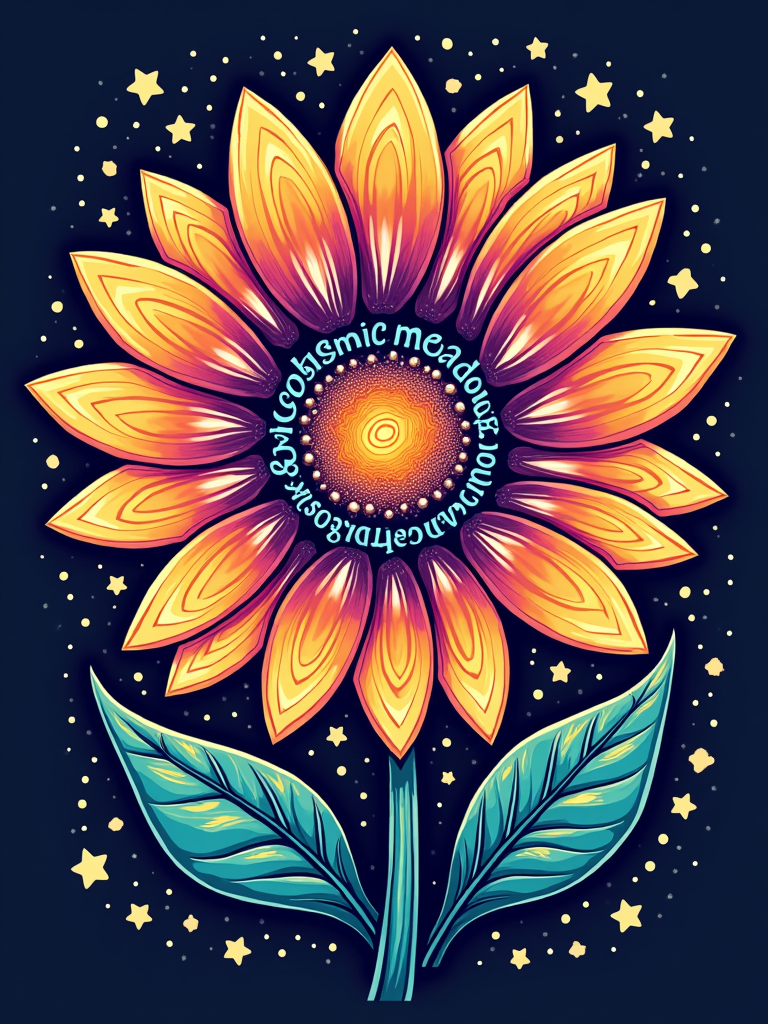 A central, oversized stylized daisy where each petal is a unique psychedelic swirl pattern. The center of the daisy could be a galaxy or a subtle 'Cosmic Meadow' typographic design in a flowing script.