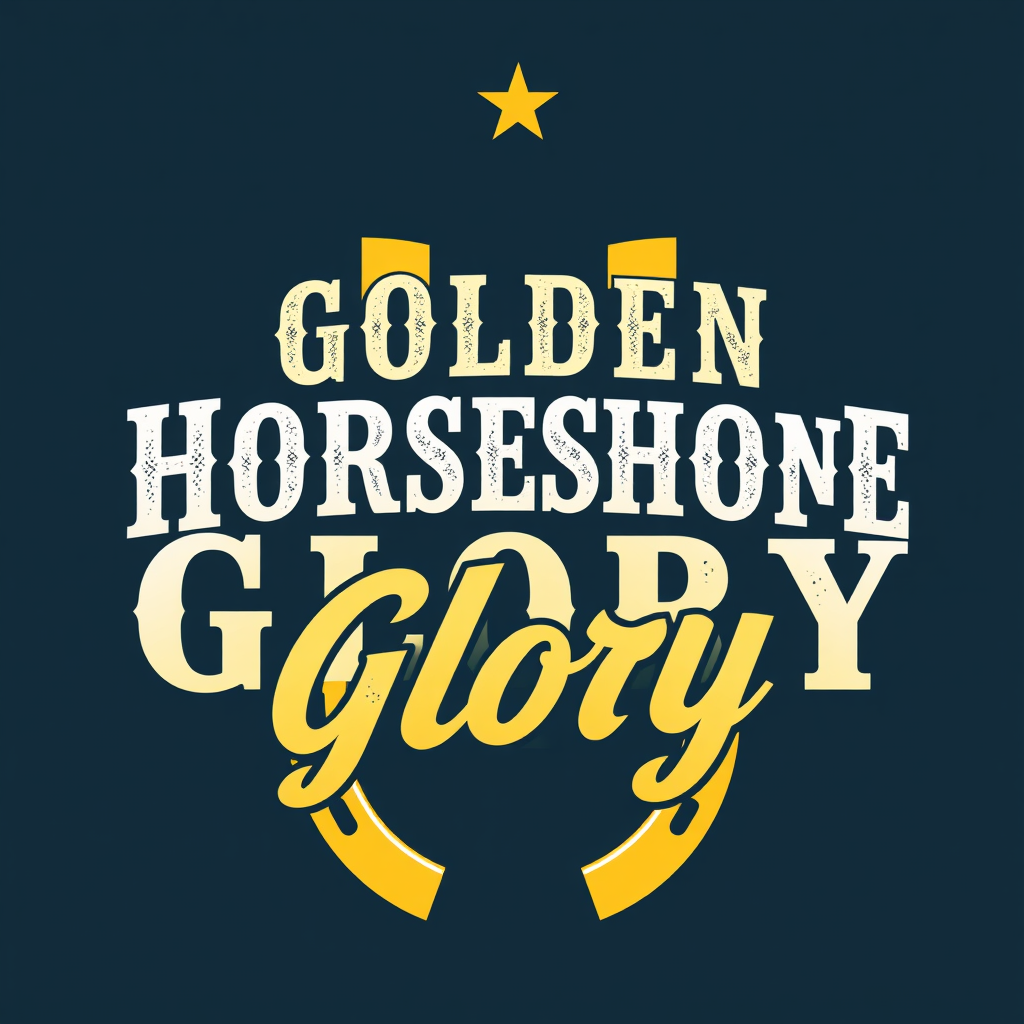 Typography-Centric Glory: A design centered around striking, custom typography for 'Golden Horseshoe Glory', with a stylized golden horseshoe elegantly integrated as a supportive iconic mark.