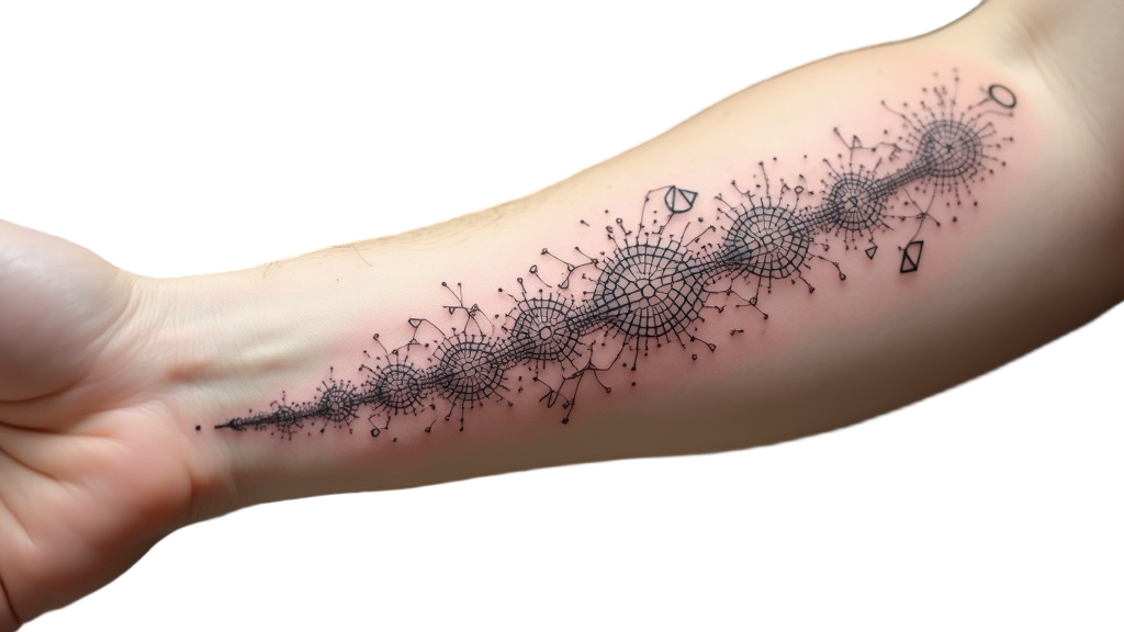 Fractal Data Expansion: A tattoo that begins with simple geometric elements and progressively expands into a more intricate, fractal-like pattern. This visualizes data branching, growing, and streaming outwards from an origin point across the skin.