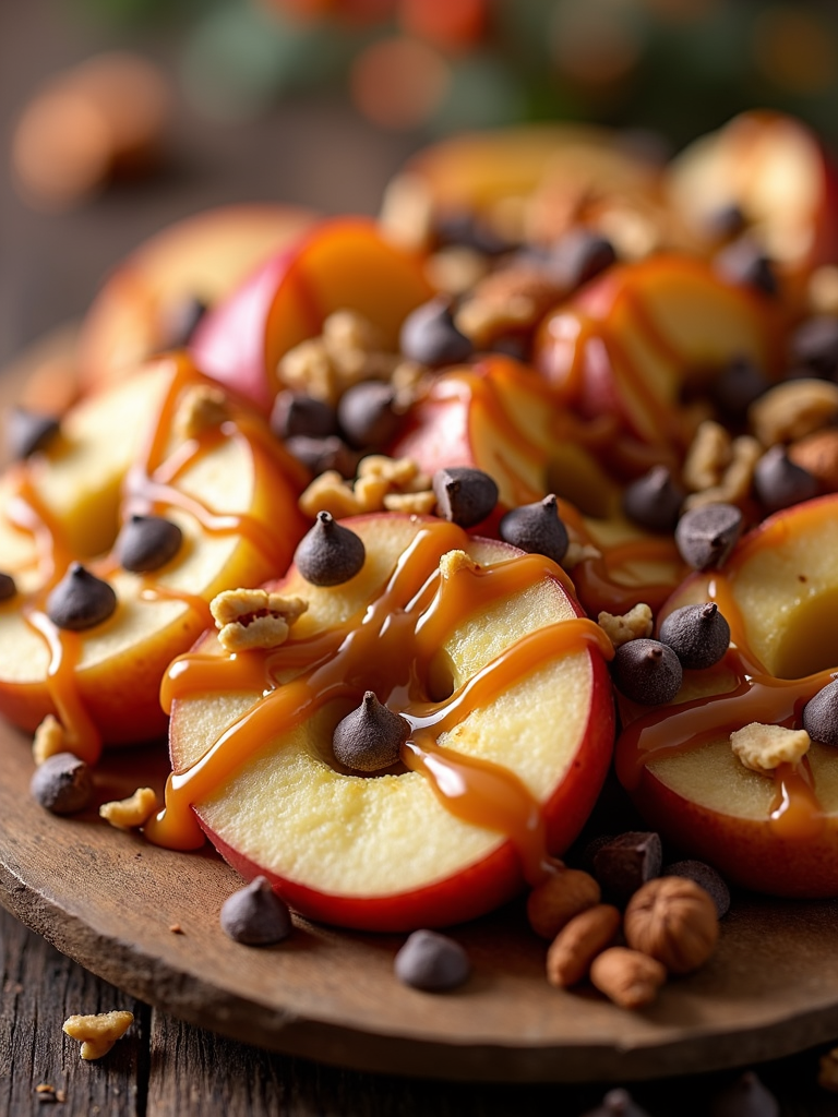 A caramel apple nachos concept, with apple slices as the base and various toppings like chocolate chips and nuts.