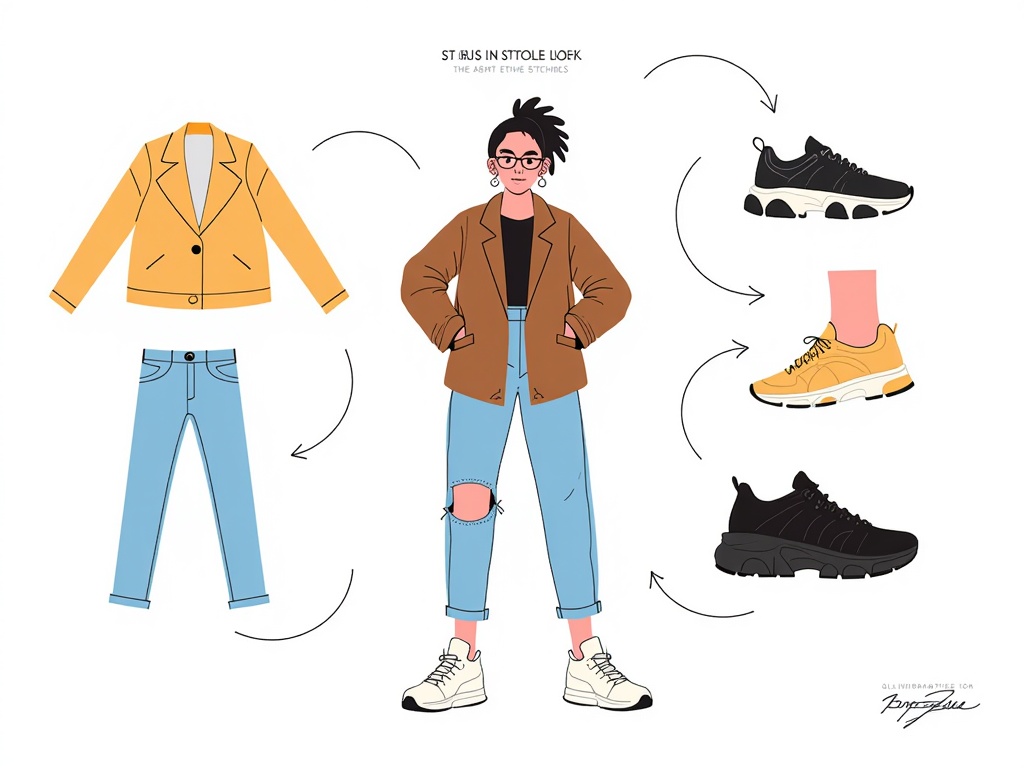 Create illustrations that focus on the 'Anatomy of a Street Style Look,' breaking down an outfit into its key components with callouts and annotations, almost like a fashion infographic, highlighting how individual pieces come together.