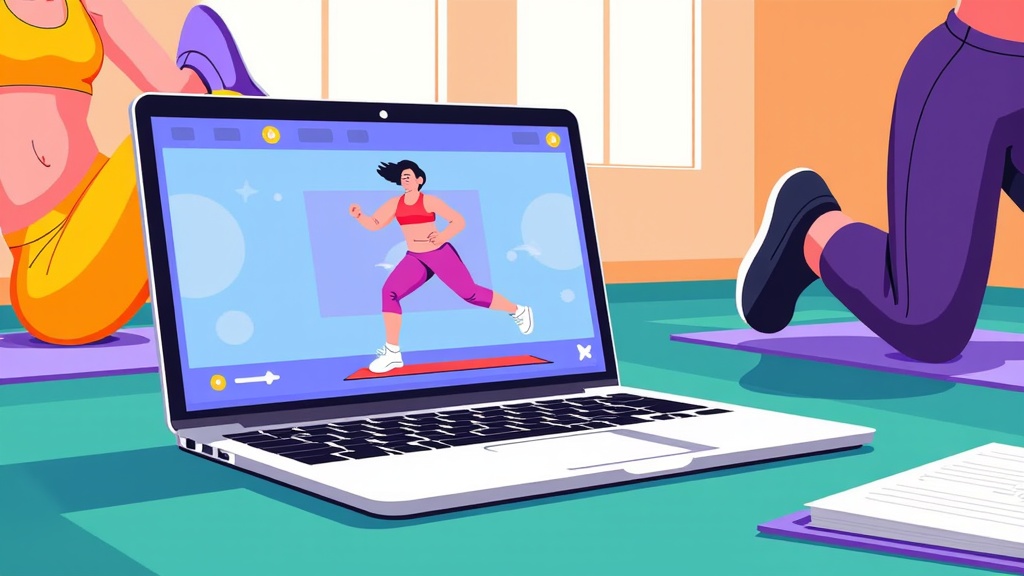 During a workout session, a flat design laptop sits on the floor, providing a video for guidance. Its clear screen and unobtrusive design make it a perfect partner for home fitness routines.