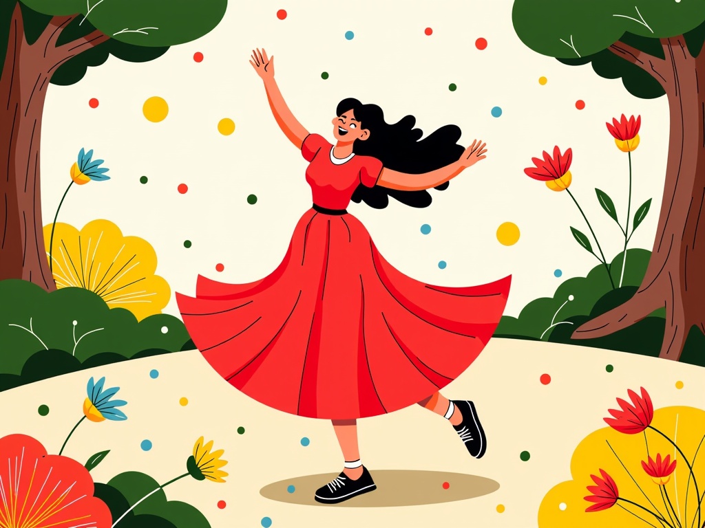  a young woman in a red dress dancing in a garden. She is in the center of the image, with her arms stretched out to the sides and her head tilted back, as if she is enjoying the moment. Her long black hair is flowing in the wind and she has a big smile on her face. The garden is filled with colorful flowers and trees, and there are colorful polka dots scattered throughout. The background is a light blue sky with white clouds. The overall style of the illustration is cartoon-like and playful.