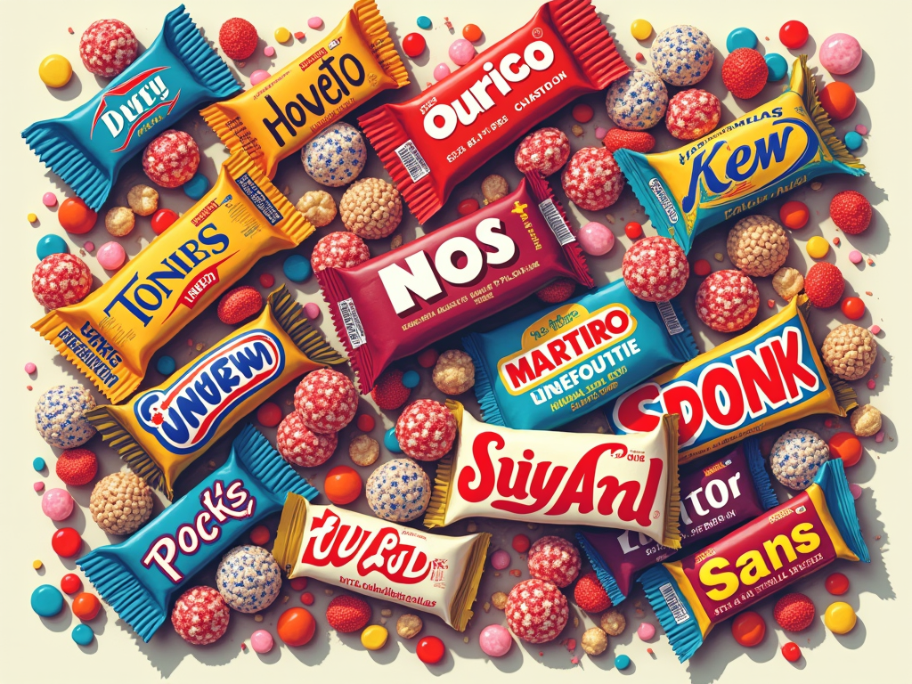 'Deconstructed Sweetness': An artistic collage using specific elements from vintage wrappers – typography (brand names, slogans), iconic mascots, distinctive color palettes, and graphic patterns – rearranged into a new, abstract, or thematic composition.