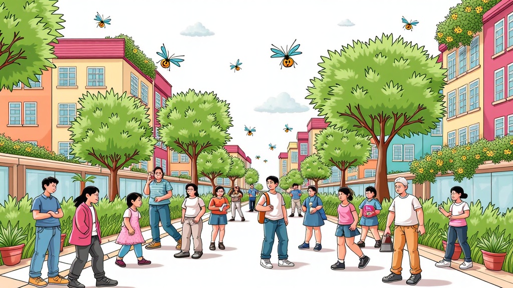 Illustrate a city block transformed into a biodiversity haven, with interconnected green spaces, 'living walls' on buildings, accessible urban forests, natural water features like rain gardens, and visible habitats for local wildlife (e.g., insect hotels, bird nests), with people observing or learning.