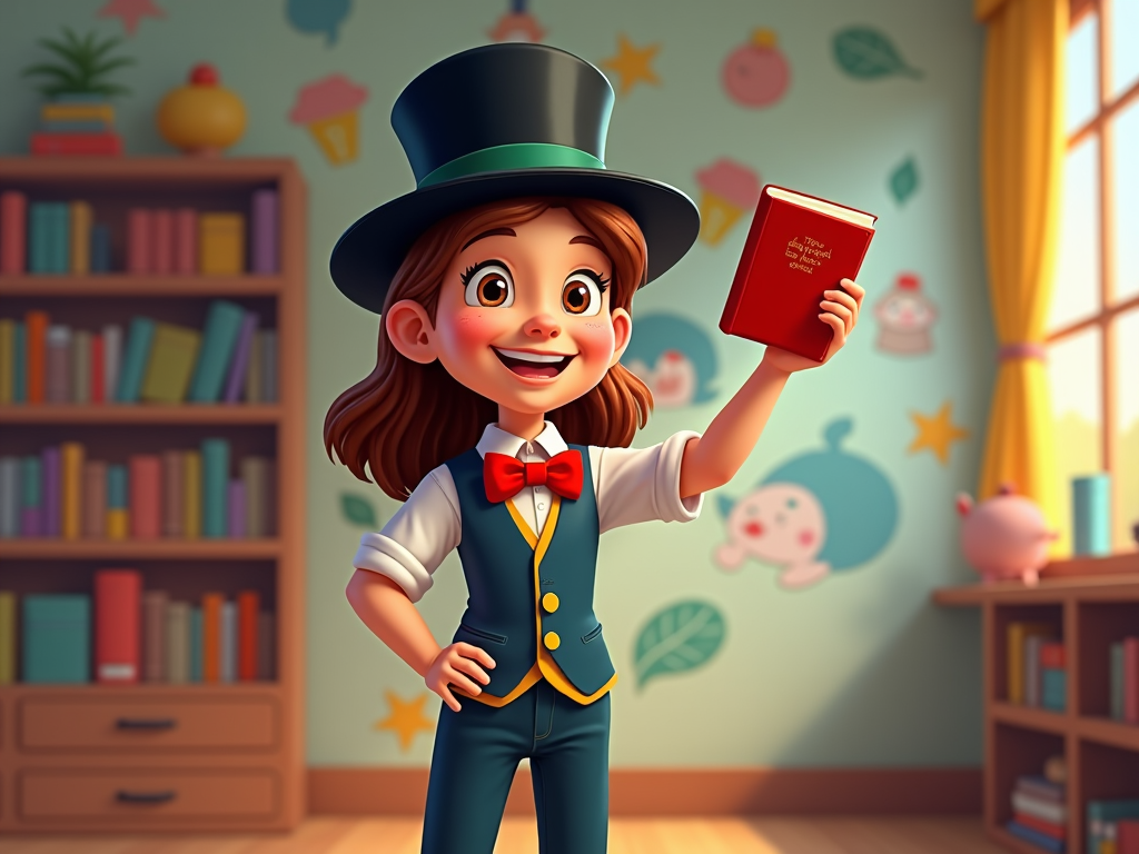 Standing before a school library wall, decorated with illustrations of books, a young girl as Mr. Monopoly presents her latest read. Her well-coordinated outfit resonates with both academic and playful themes, encouraging others to blend learning with leisure in a fun, engaging manner.