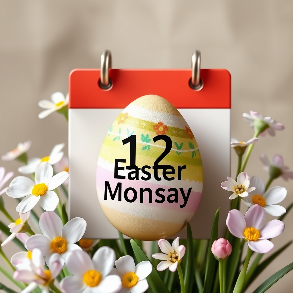 A calendar icon with a decorated Easter egg on the date of Easter Monday, surrounded by spring flowers.