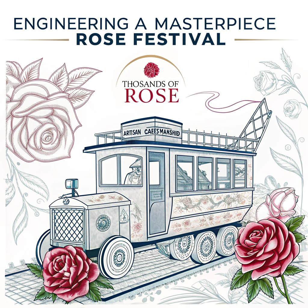 A sticker showing a 'blueprint' sketch of a grand float, with callouts highlighting key floral elements and design features, like 'Thousands of Roses' or 'Artisan Craftsmanship'. Text: 'Engineering a Masterpiece - Rose Festival'.