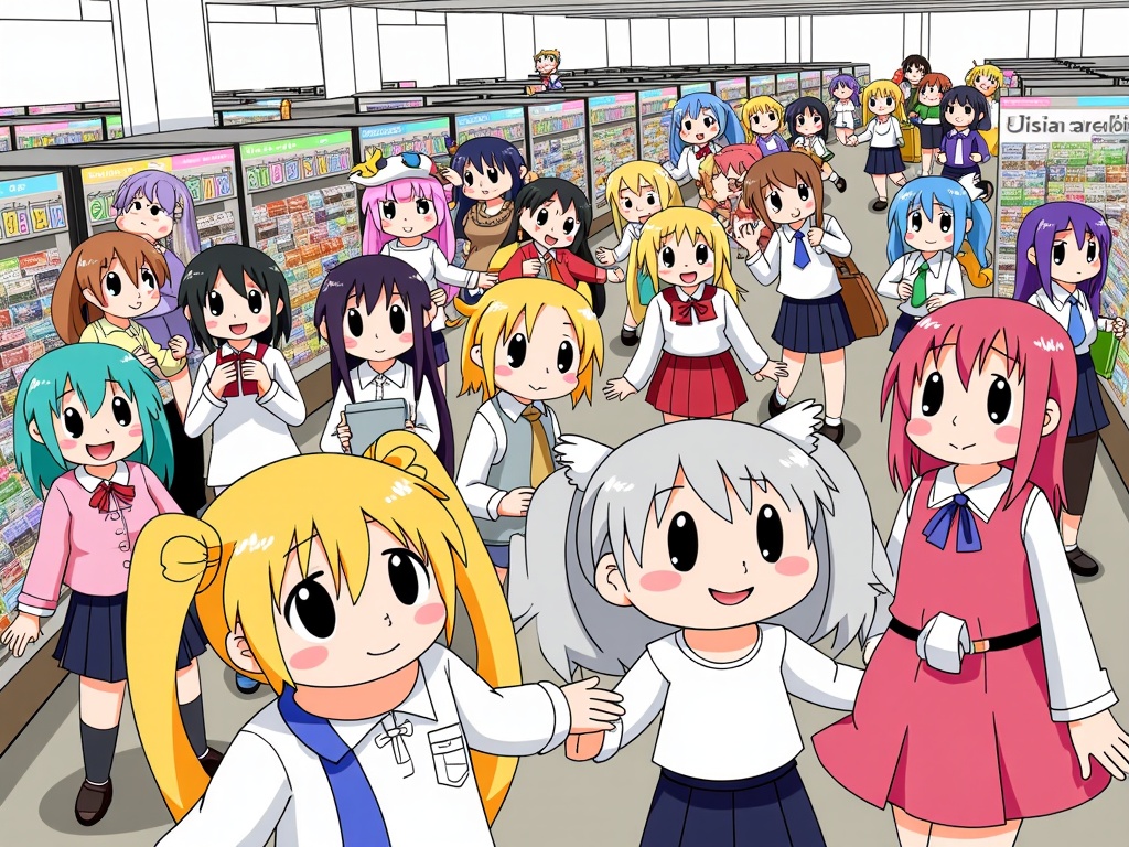 Convention Adventure Crew: Showcase the mascots and a group of unique original characters joyfully exploring various facets of Anime Central together—such as browsing the dealers' hall, attending a lively panel, or participating in a cosplay gathering—capturing the bustling and exciting atmosphere of the event.