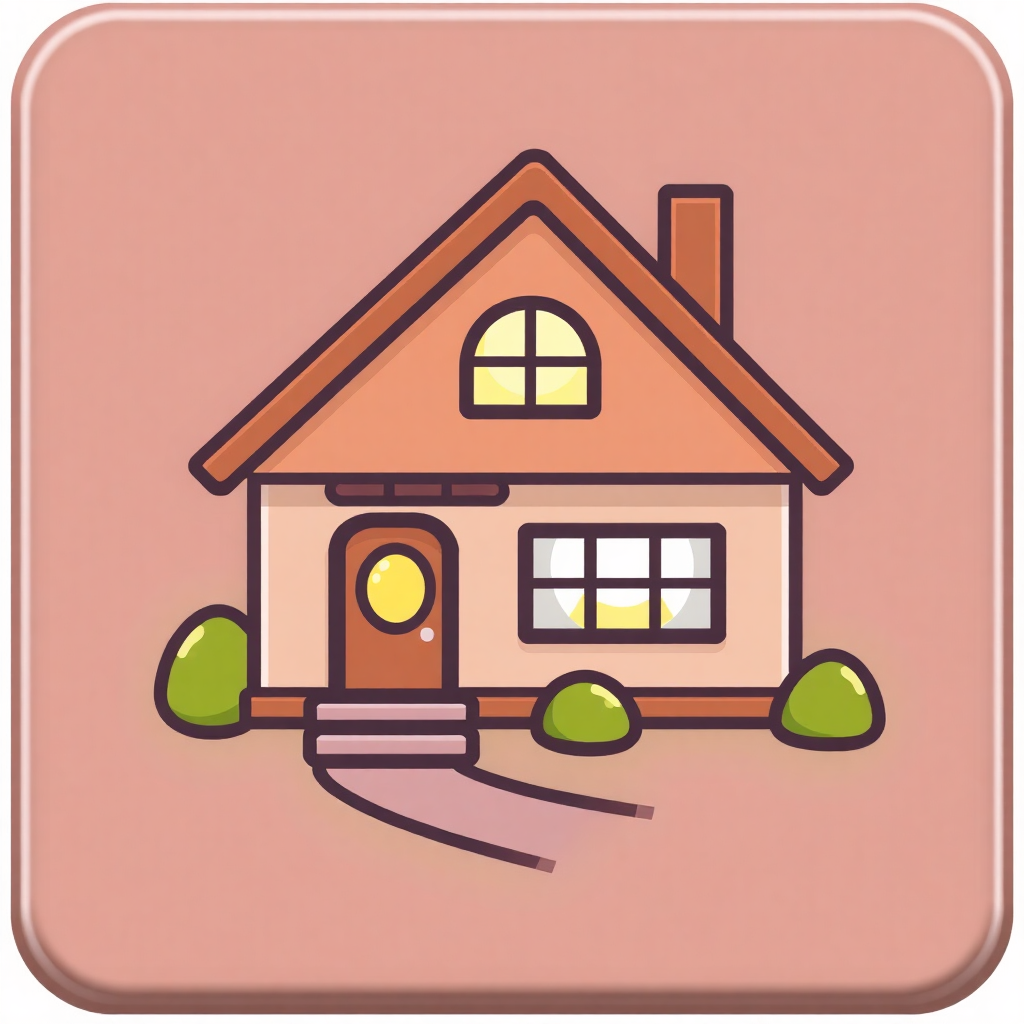 The image is a square icon with a pink background. In the center of the icon, there is a small house with a brown roof and a chimney on the right side. The house has two windows on the front and a door on the left side. There are two green bushes on either side of the door and a small pathway leading up to the front door. The overall design is simple and cartoon-like.