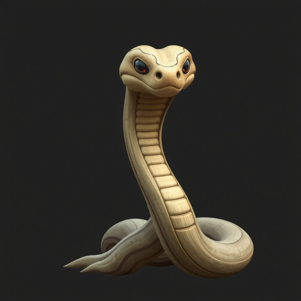 The image is a digital illustration of a cobra. The cobra is facing towards the right side of the image and its head is turned slightly to the left. Its body is elongated and its tail is curled around its body. The snake's eyes are large and round, and its mouth is slightly open, as if it is ready to strike. The background is black, making the cobra stand out. The image has a 3D effect, giving it a realistic look.