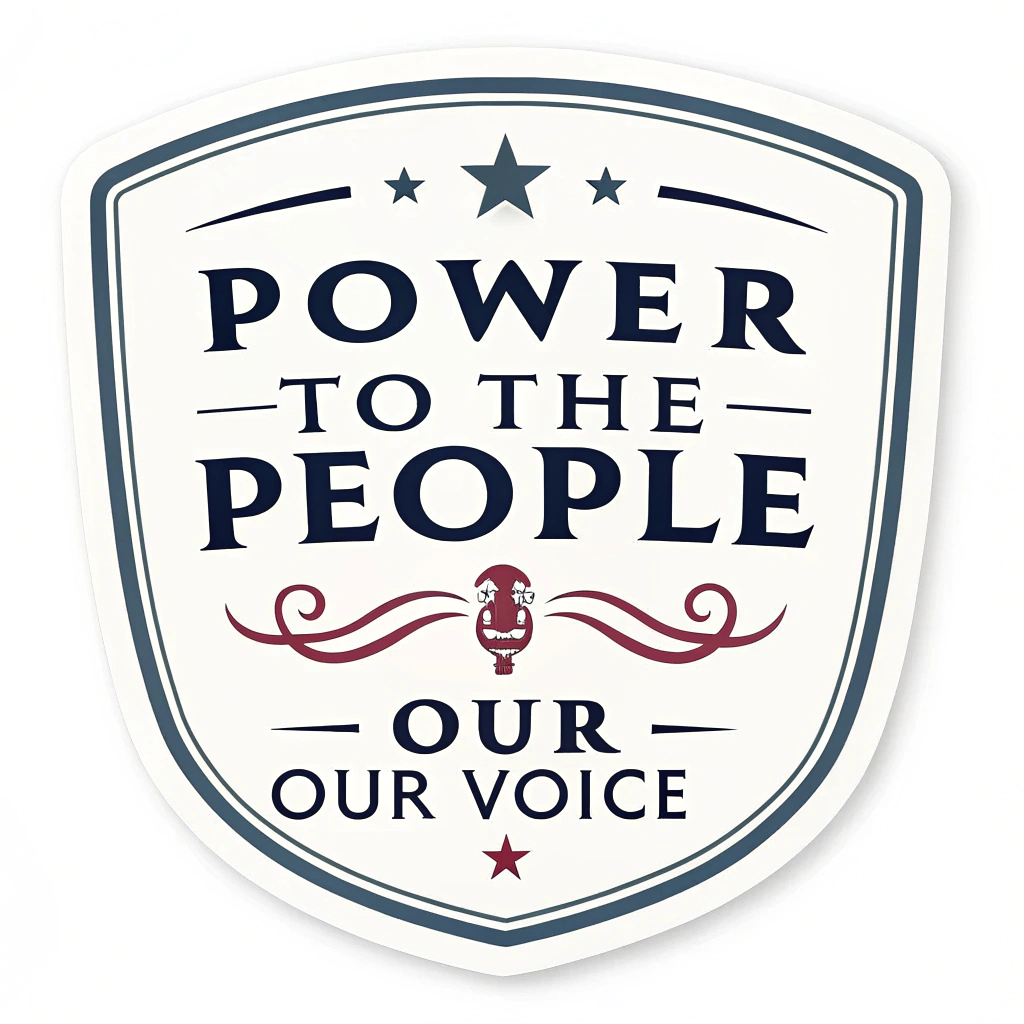 A simple logo concept designed as a circular or shield-shaped badge. The phrase 'POWER TO THE PEOPLE' is set in a bold, possibly arched typeface at the top, with 'OUR LABOR, OUR VOICE' in a smaller, straight typeface at the bottom, potentially separated by a star or line element for a classic union or movement feel.