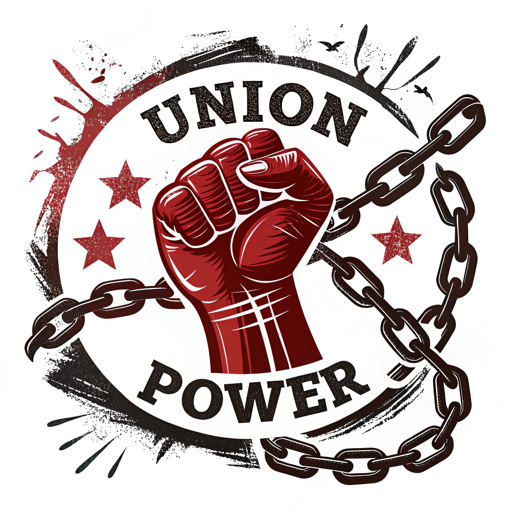 Sticker Design Idea 1: A powerful raised fist breaking chains, with the slogan 'UNION POWER' in a bold, stencil-style font. Utilize strong contrast colors like red, black, and white.
