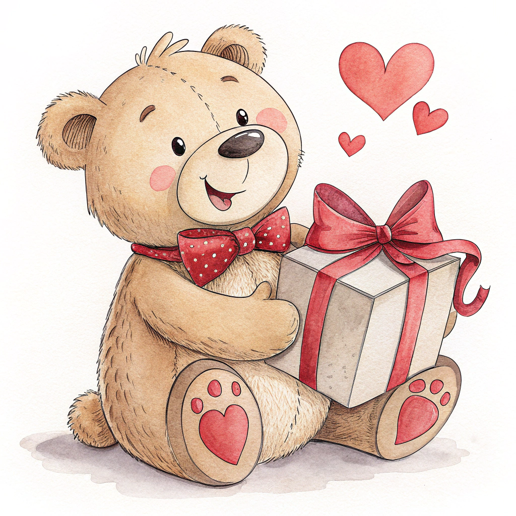 A sticker of a teddy bear holding a gift, with a love heart near it.