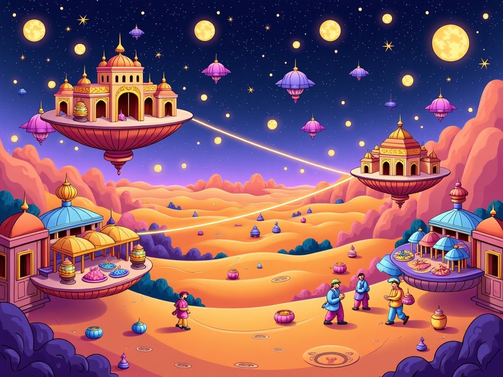 A floating bazaar city above a vast desert, connected by magical light bridges, with stalls selling enchanted artifacts and rare spices, under a sky filled with multiple moons or fantastical constellations.