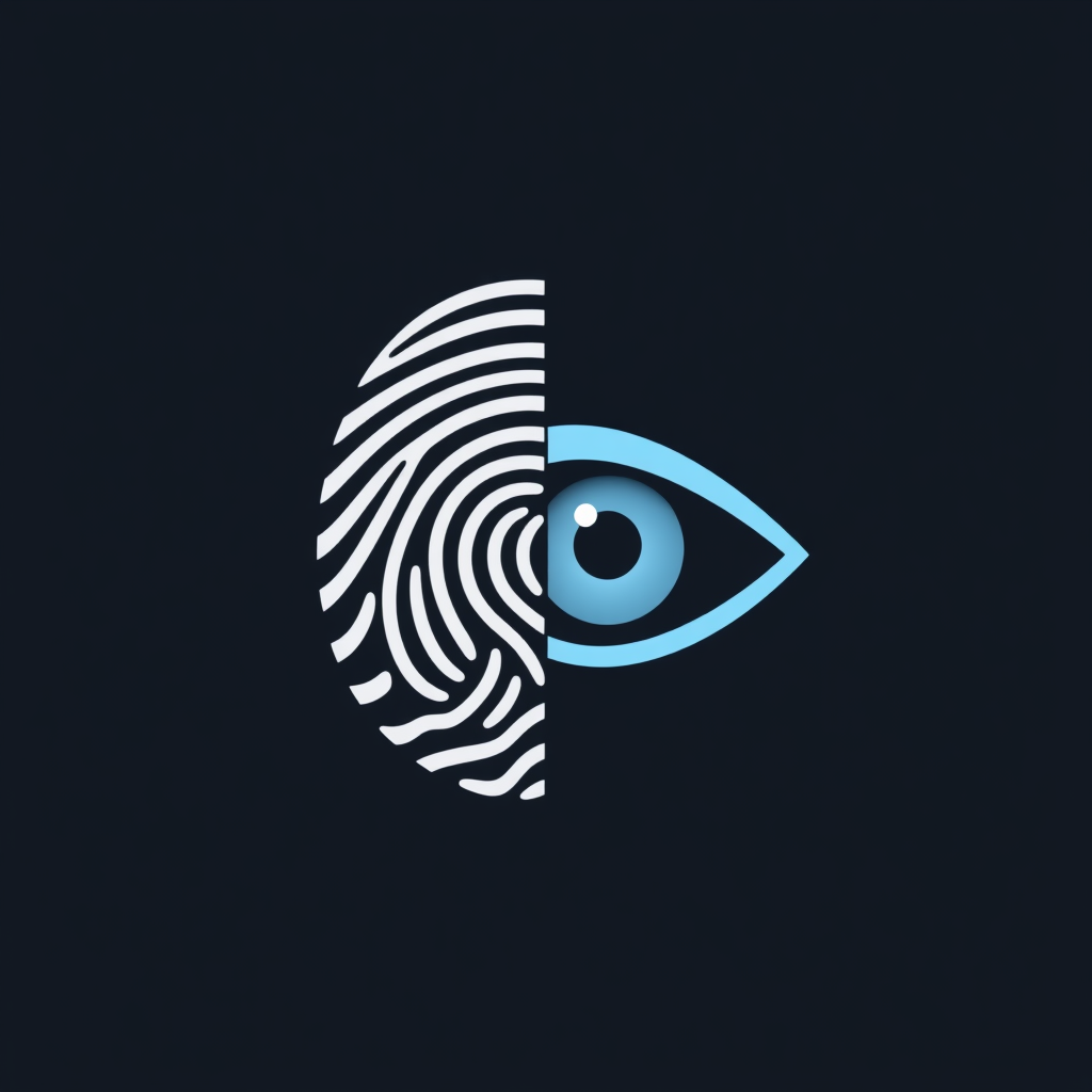 A split icon design, cleanly dividing and merging half of a fingerprint with half of an iris along a central axis, symbolizing comprehensive biometric authentication.