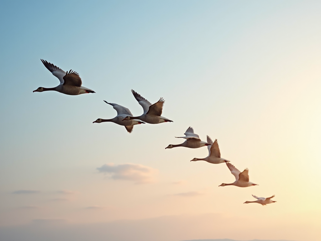 A flock of geese flies in a V formation across a crystal clear sky painted with the soft pastels of dawn.