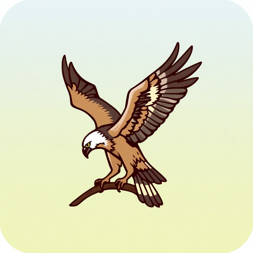 The image is a digital illustration of an eagle in flight. The eagle is perched on a thin branch with its wings spread wide and its talons extended. It has a brown body with white markings on its head and wings. Its beak is yellow and its eyes are black. The background is a light blue color. The image is square in shape and has a simple, cartoon-like style.