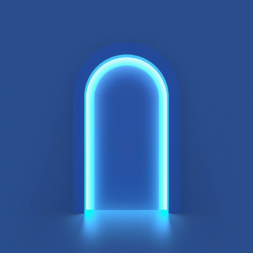 An abstract door shape with a gentle, pulsing light effect, representing transition and passage.