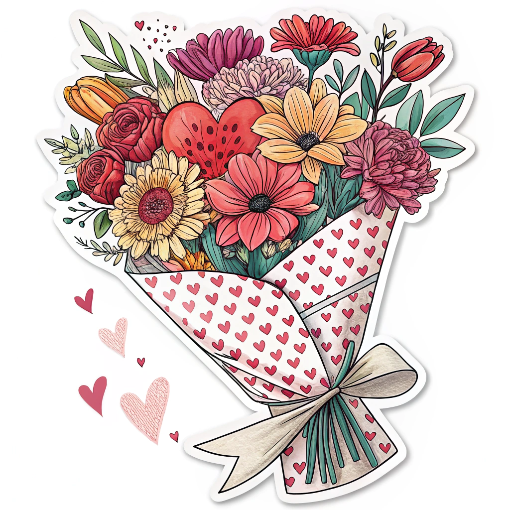 A sticker showing a bouquet of flowers wrapped in a heart-patterned paper.