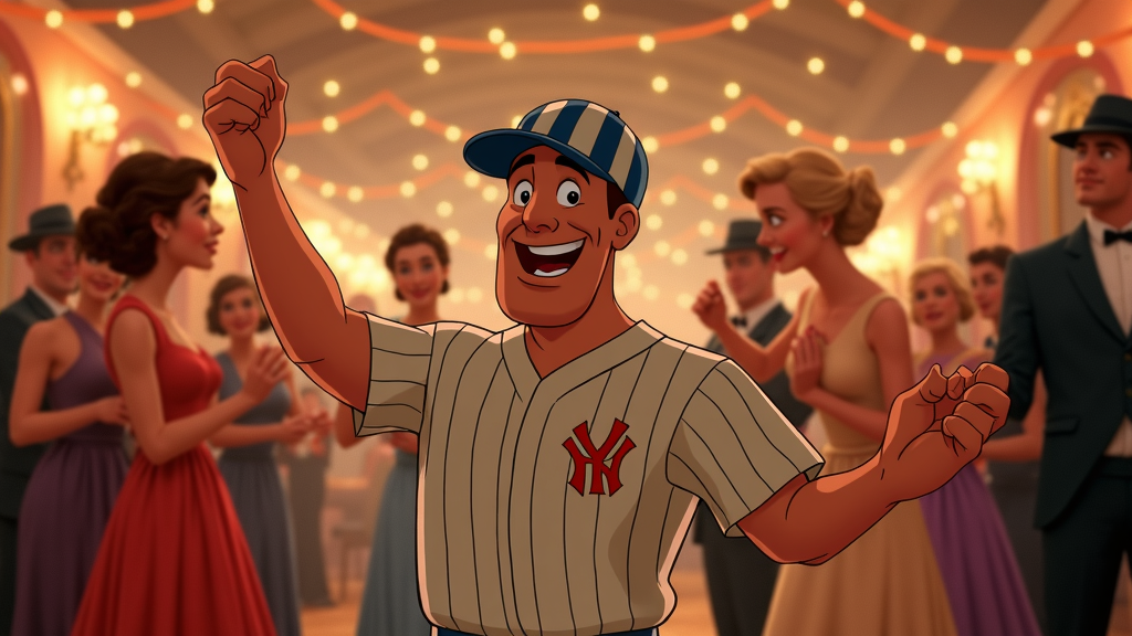 A scene of Babe Ruth at a social gathering, perhaps a dance, where his exuberant and slightly uncoordinated moves become the life of the party, contrasting with more demure attendees.
