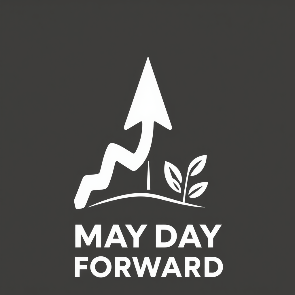 A logo design that combines an upward-pointing arrow with subtle visual elements of a sprouting plant or leaf, referencing May Day's spring context. This dual metaphor links 'progress' in labor rights with natural 'growth' and renewal, suitable for 'May Day Forward'.