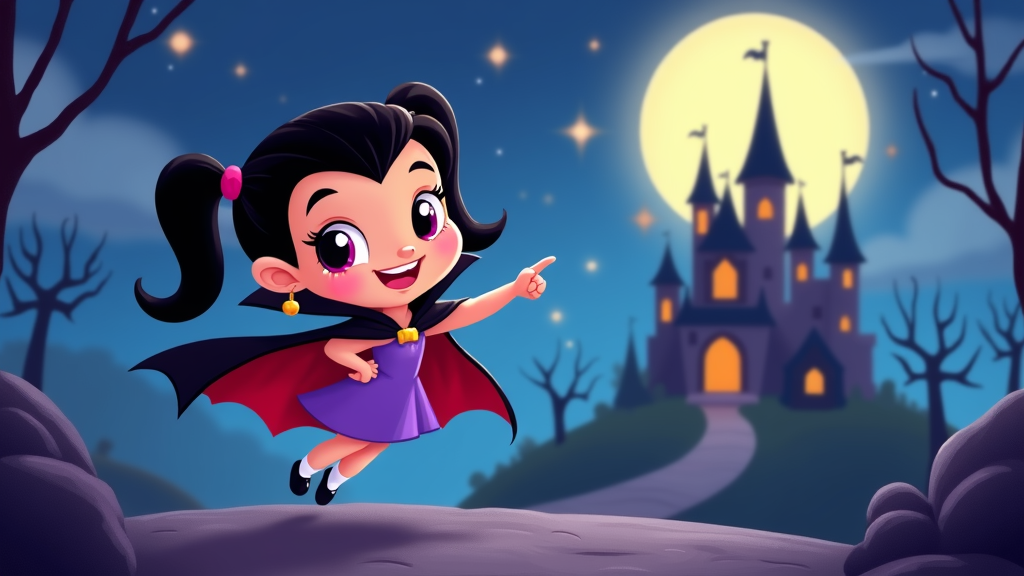 The image is a cartoon illustration of a young girl dressed up as a vampire. She is wearing a purple dress with a red cape and has black hair tied up in two pigtails. She has a big smile on her face and is pointing towards the right side of the image. In the background, there is a castle with a full moon and stars in the sky. The castle is surrounded by trees and there are rocks in the foreground. The overall theme of the illustration is Halloween.