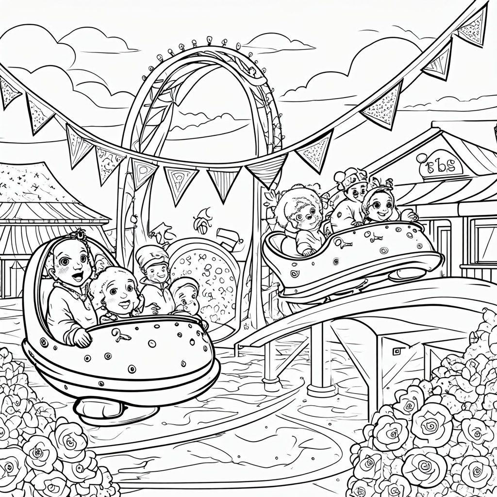 An exciting thrill ride, like a roller coaster with a dramatic drop or a spinning teacup ride. Focus on dynamic lines to convey motion and the exhilarated expressions of the riders. Frame the scene with festive banners, food stalls in the background, and rose bushes.