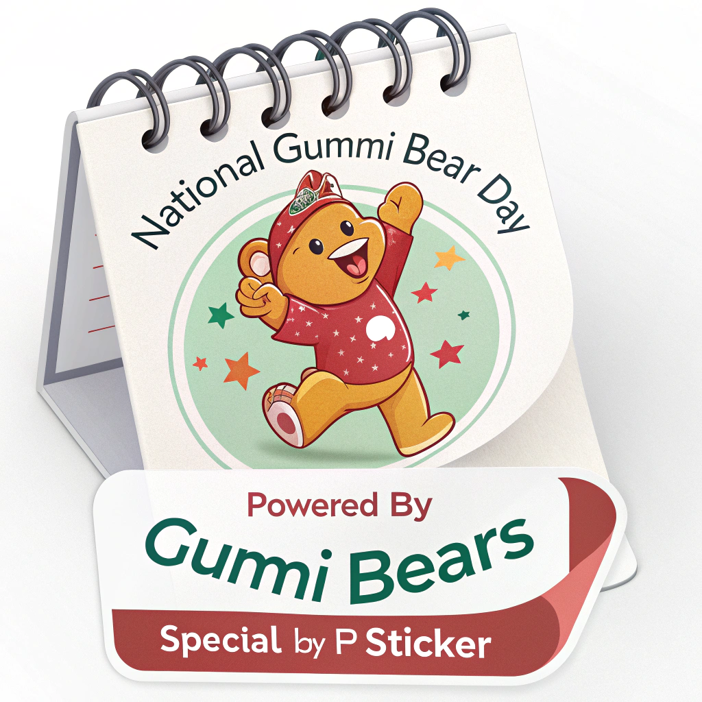 Sticker Design 3: 'Calendar Celebration Gummi'. A sticker designed like a tear-off calendar page for 'National Gummi Bear Day,' with the date circled and a happy gummi bear character popping out. Text 'Powered by Gummi Bears' integrated as the source of the celebration's energy. Clearly labelled 'Special Day Sticker'.