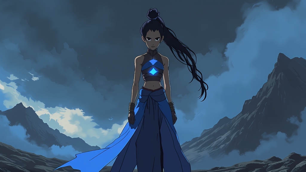 Korra's imposing stance, reminiscent of the next Avatar in the cycle, showcasing both continuity and contrast to Aang's journey.