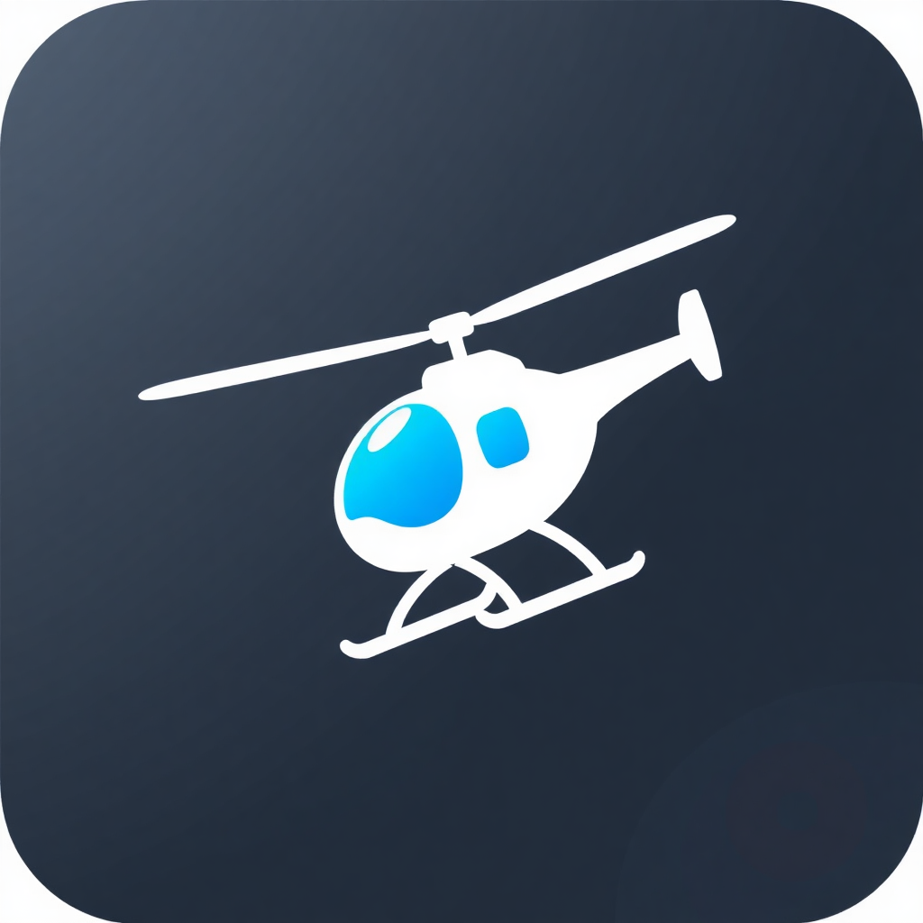 The image is a square icon with a dark blue background. In the center of the icon, there is a white helicopter with a blue circle in the middle. The helicopter has two propellers on either side of the body and two legs on the bottom. The body of the helicopter is white and the wings are also white. The image appears to be a simple illustration of a helicopter.