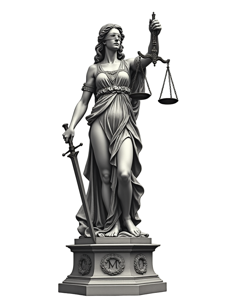 An artistic representation of Lady Justice in a tattoo shows her standing on a pedestal engraved with symbols of law.