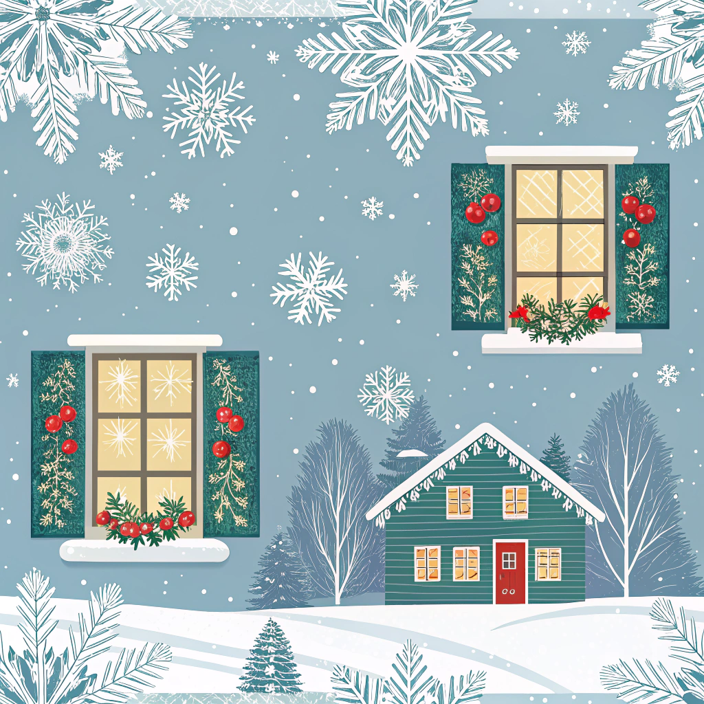 A quiet winter scene outside a house with windows decorated with intricate Christmas patterns. Snowflakes and wreath imprints capture the magical essence of the season.