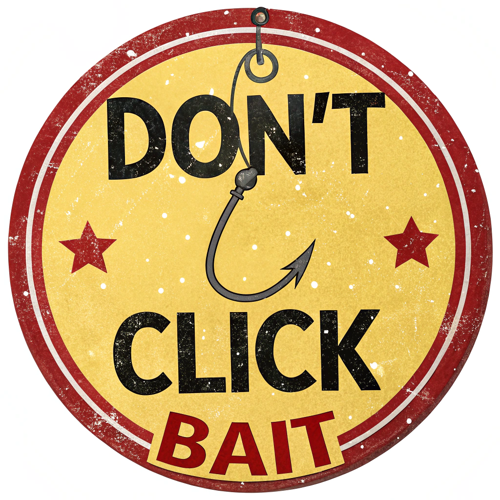 Sub-design 3 (Warning Sign Hook): A fish hook integrated into a classic circular warning sign (red border, yellow background). The center could feature a 'click' icon being ensnared. The text 'DON'T CLICK BAIT' in stark, block letters around the sign.