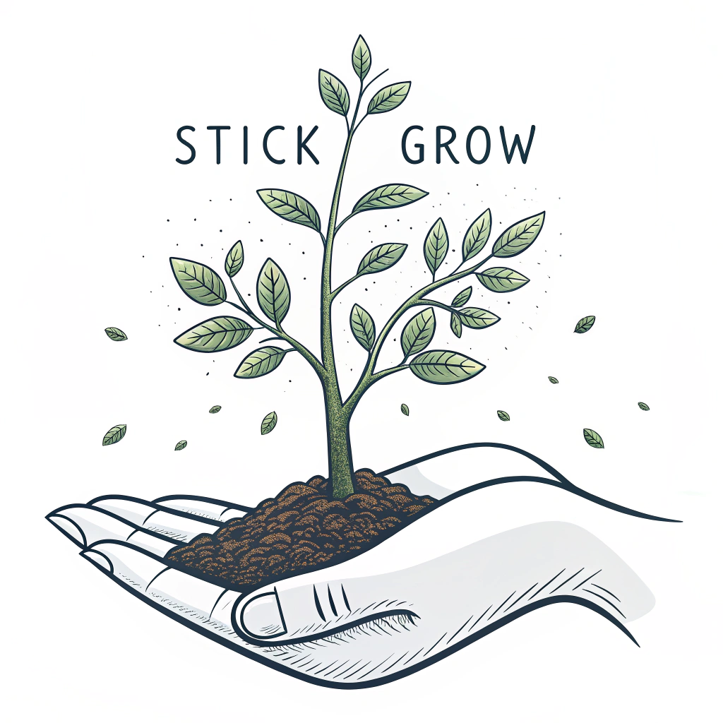 Simple Icon Idea: A minimalist design of a hand gently holding a small, firmly planted sapling, symbolizing nurturing support and the call to 'stick' and grow. This could be done in a clean line-art style.