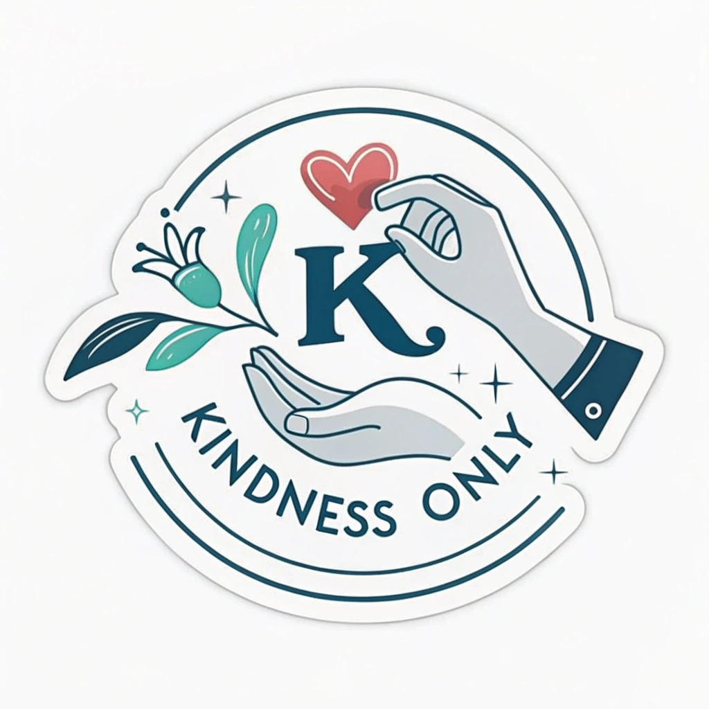 Simple Logo Idea: A stylized 'K' (for Kindness) formed by two interlocking hands or a hand gently holding a heart, with a clean, modern sans-serif font for 'Kindness Only' or 'Cyberbullying Blocker' underneath.