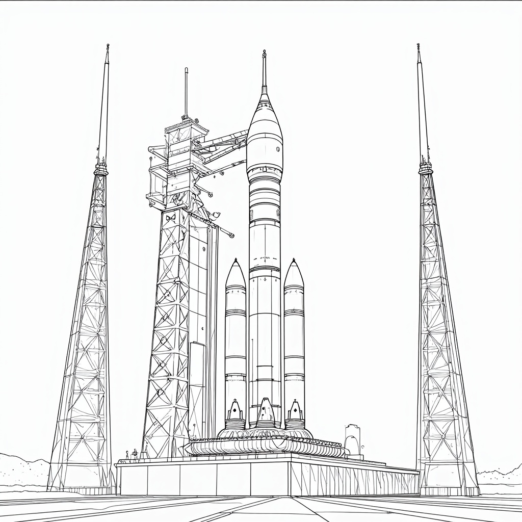 Coloring Page Design Idea 1: The Starliner Stack. Scene: Full view of the Starliner spacecraft on its rocket (e.g., Atlas V/Vulcan) on the launch pad, with the gantry and launch tower. Details: Rocket stages, umbilical connections, tower structures.