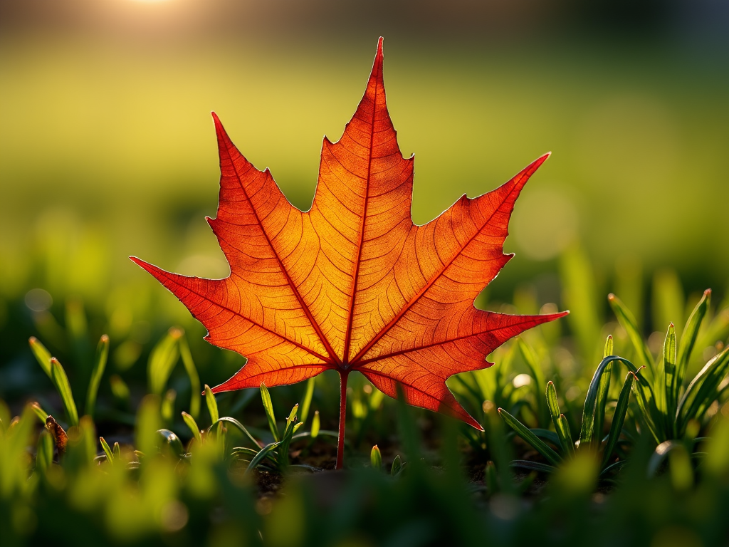 A close-up of a single fallen maple leaf on a bed of grass, its intricate veins illuminated by slanting light.