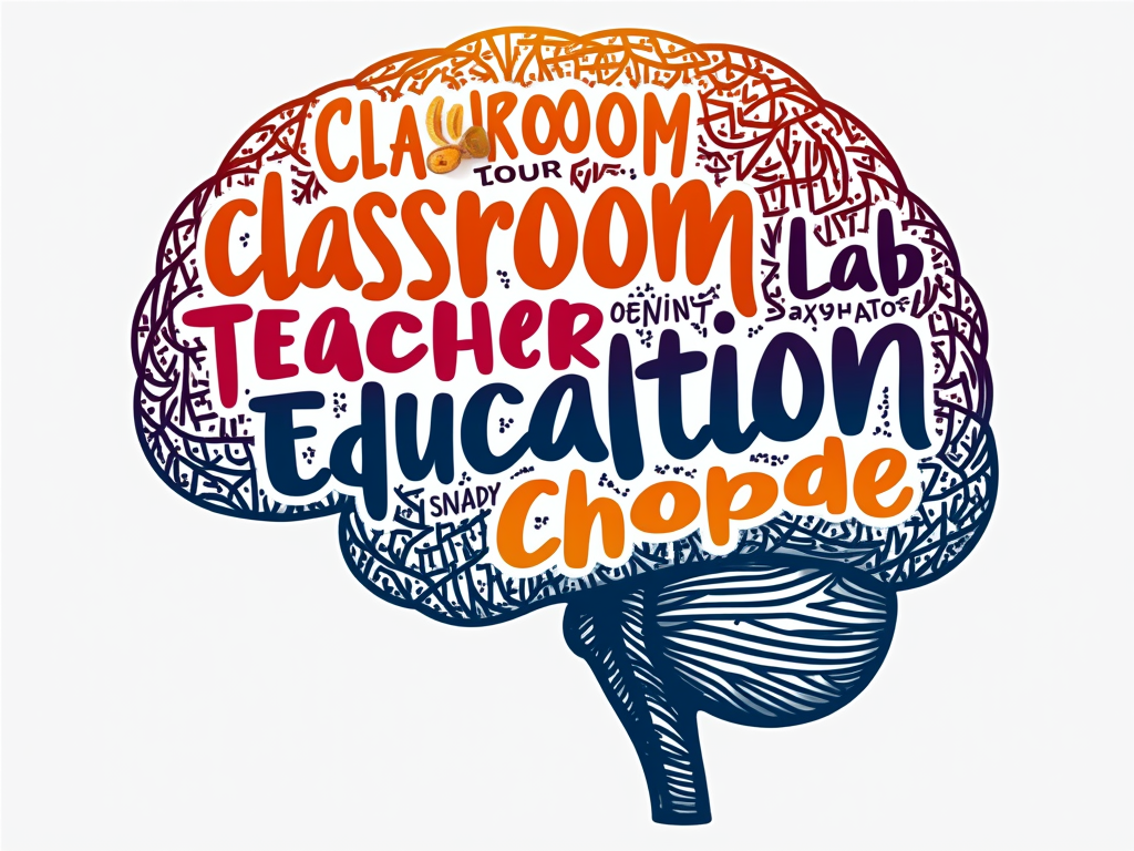 Word Cloud Blend Shirt: A T-shirt featuring a word cloud shaped like a brain or a lightbulb, using terms related to both in-person (e.g., 'classroom', 'teacher', 'lab') and online education (e.g., 'Zoom', 'virtual', 'digital', 'async').