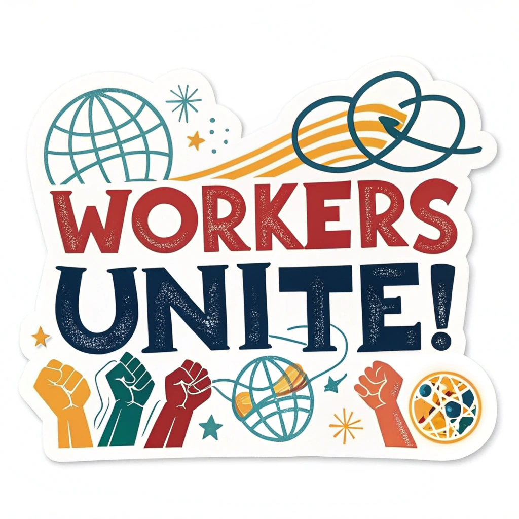 Design Idea 5: Global Solidarity/Internationalist Theme - 'Workers Unite!' in a universally clear and bold sans-serif typeface. Use a diverse range of bright colors to represent unity, or earthy tones with a strong accent. Supporting imagery could include a stylized globe, interconnected hands, or abstract patterns implying connection.